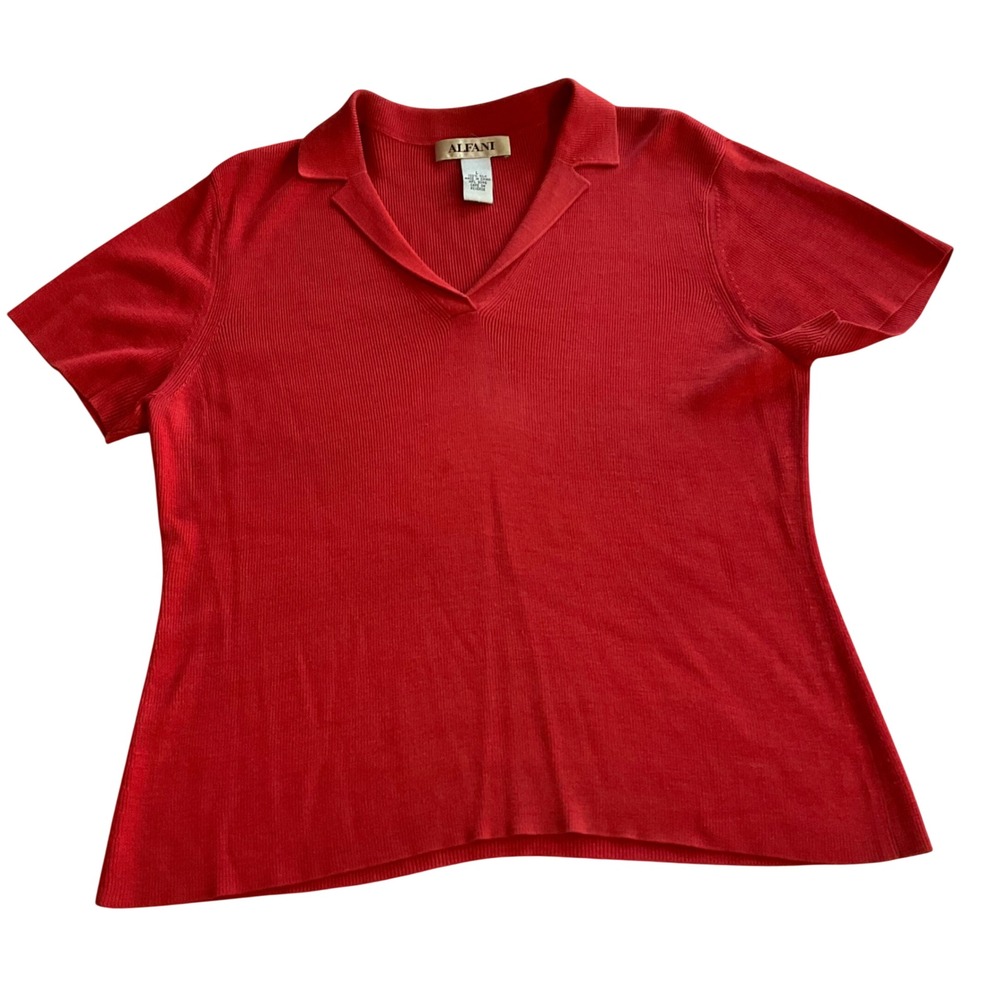 Alfani Red Silk‎ Ribbed Short Sleeve Collared Knit Top Size L